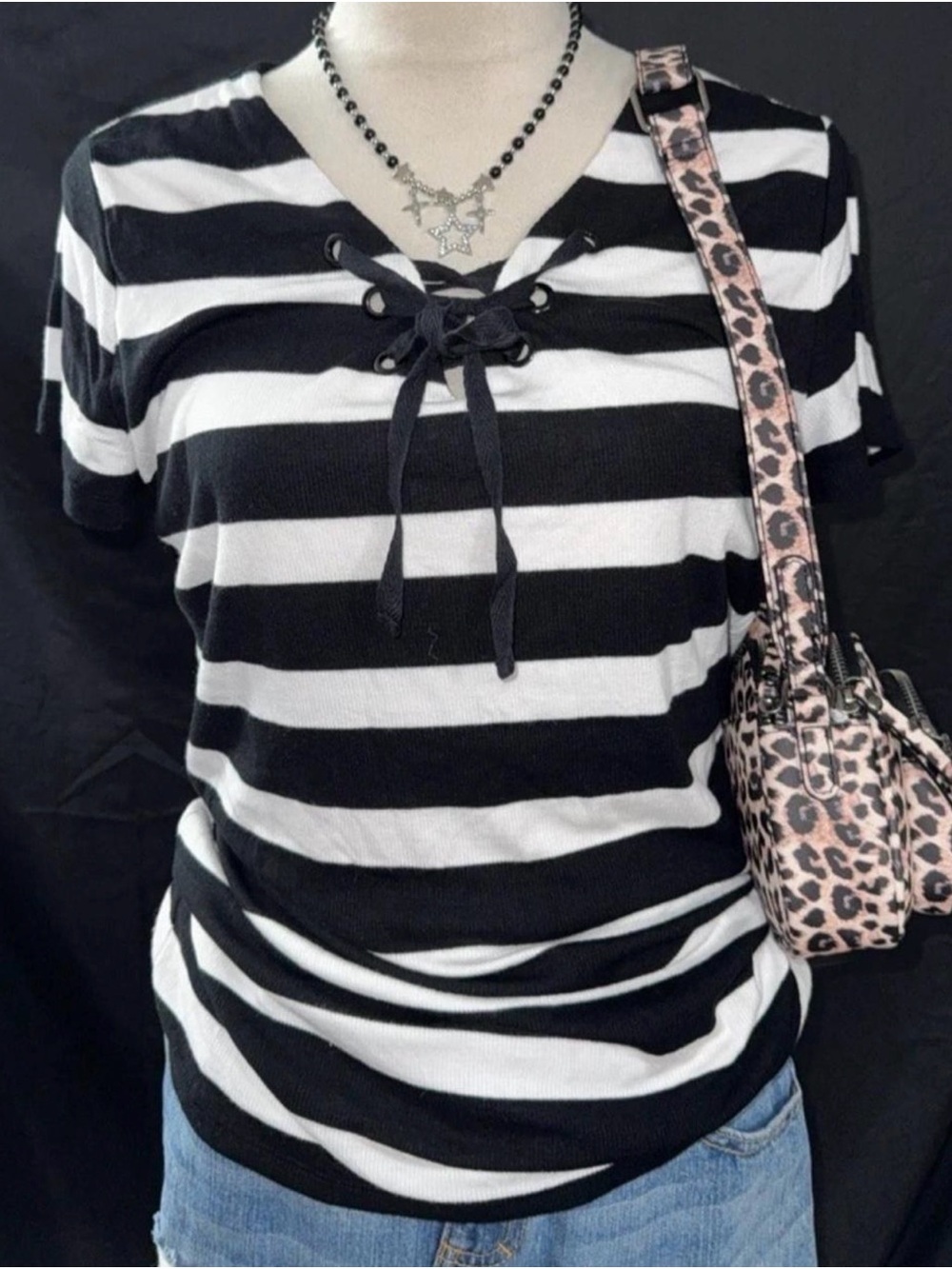 INC International Concepts Black & White Striped Lace-Up V-Neck Tee